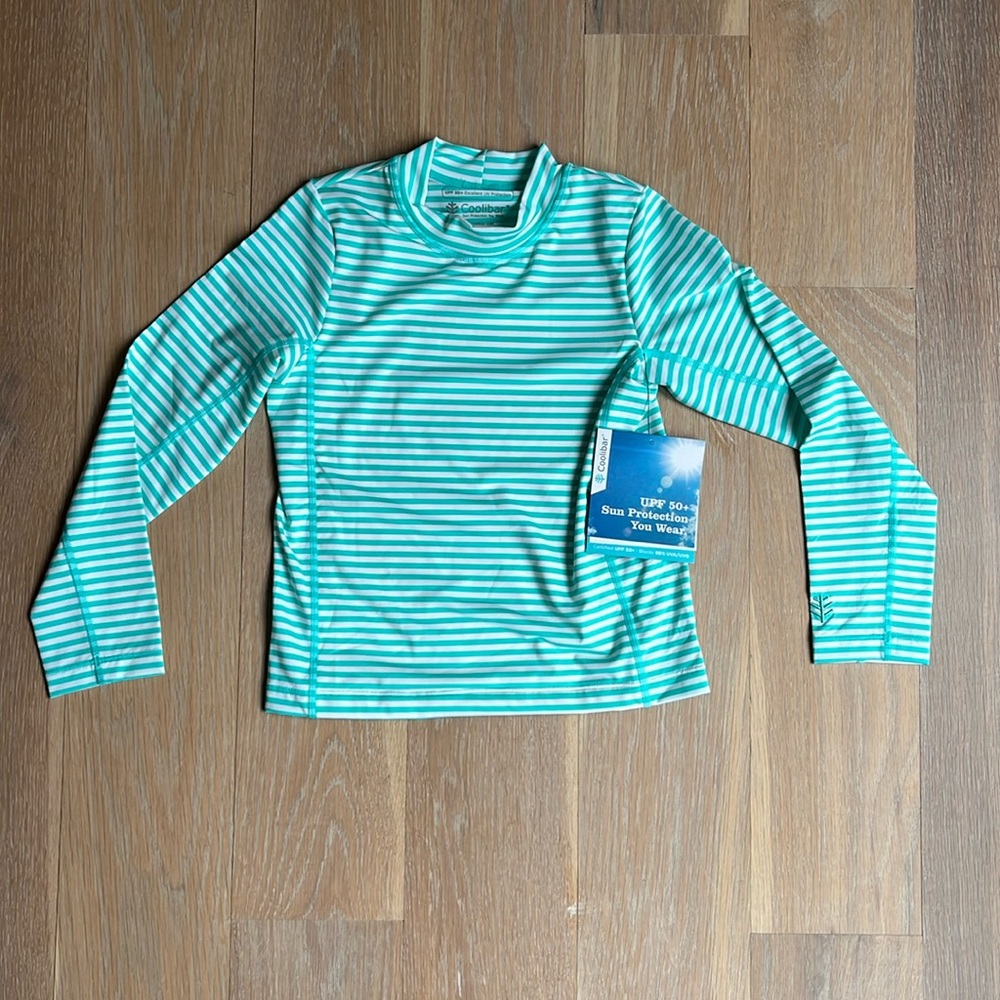 NWT. Coolibar kids. Long sleeve swim shirt.. Aqua and white stripe. Unisex.